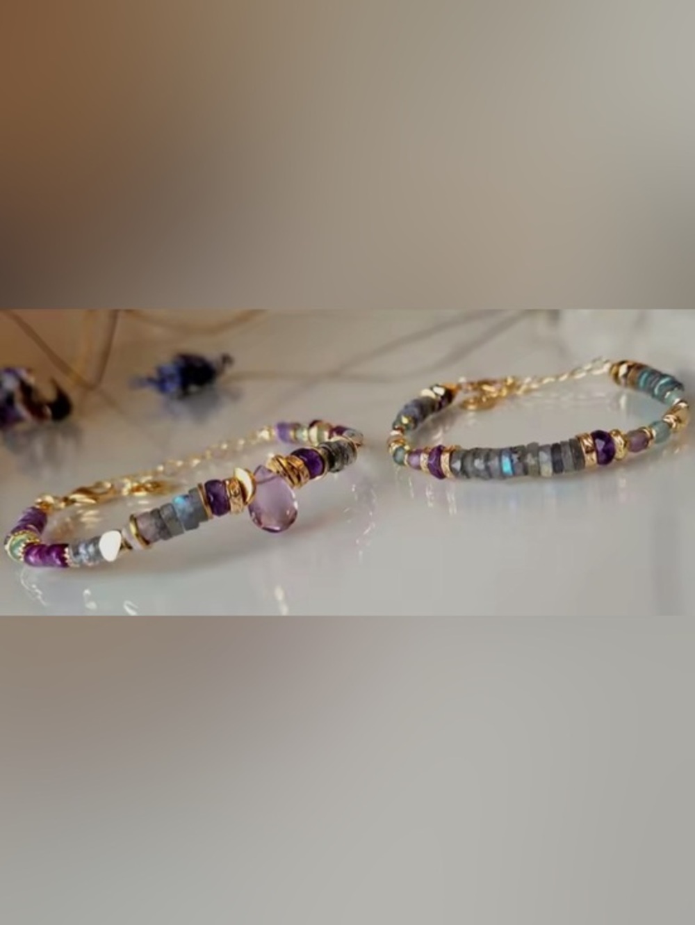 New 14 K Gold Amethyst and Labradorite Bracelet Sets